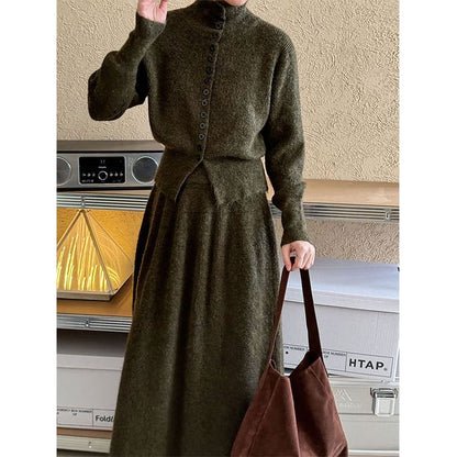 Ribbed Cardigan and Knit Maxi Skirt Set with Stand Collar