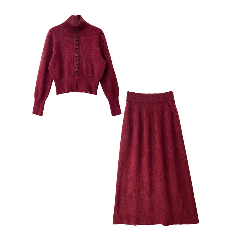Ribbed Cardigan and Knit Maxi Skirt Set with Stand Collar