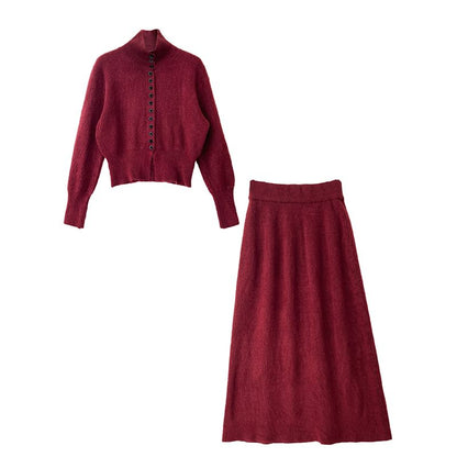 Ribbed Cardigan and Knit Maxi Skirt Set with Stand Collar