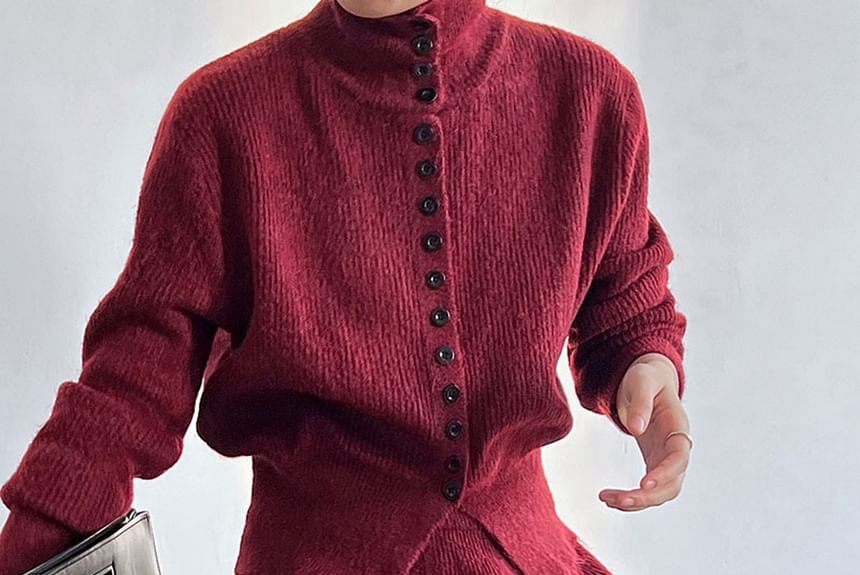 Ribbed Cardigan and Knit Maxi Skirt Set with Stand Collar