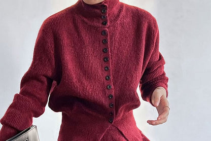 Ribbed Cardigan and Knit Maxi Skirt Set with Stand Collar