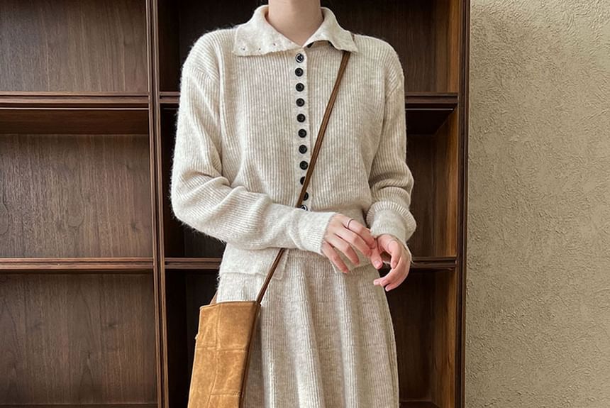 Ribbed Cardigan and Knit Maxi Skirt Set with Stand Collar