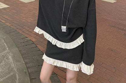 Long-Sleeve Knit Top with Ruffle Trim and Pencil Skirt Set