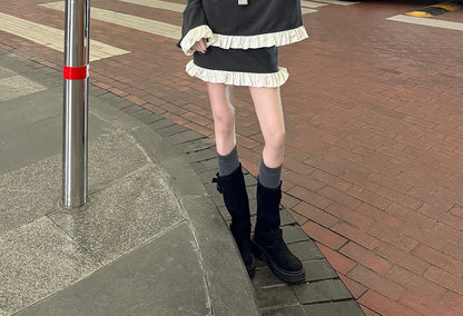 Long-Sleeve Knit Top with Ruffle Trim and Pencil Skirt Set