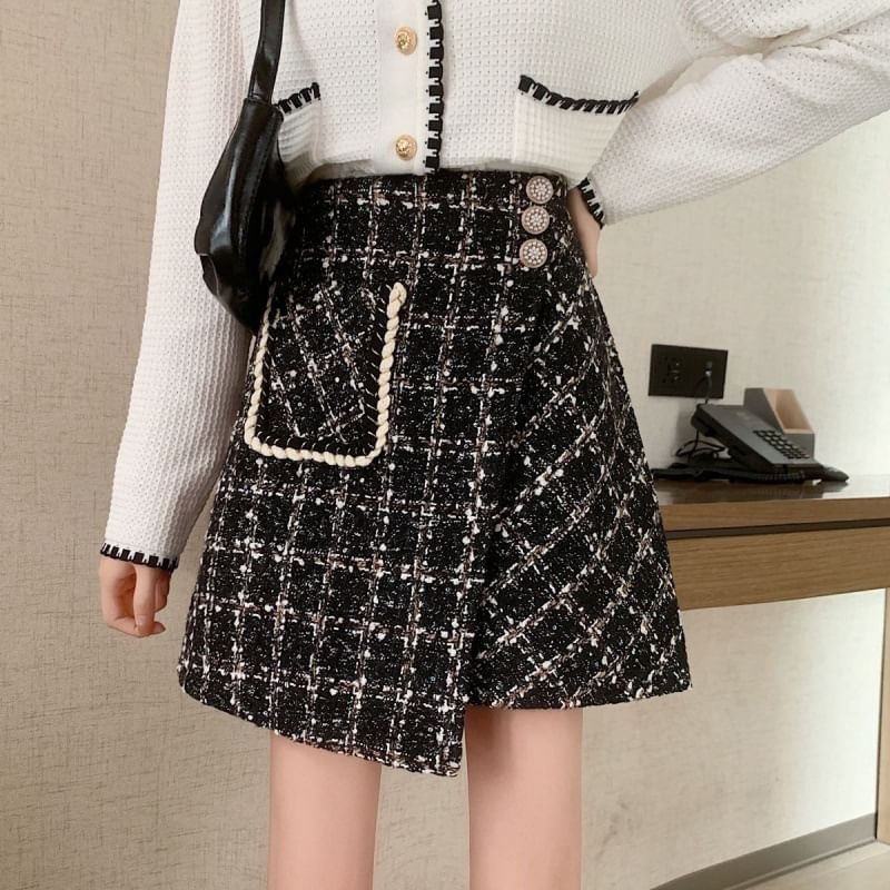 Asymmetric Plaid Mini Skirt with High Rise