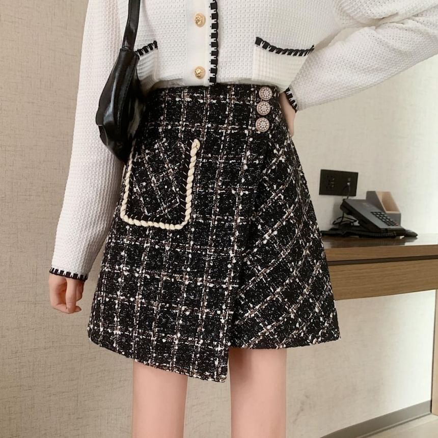 Asymmetric Plaid Mini Skirt with High Rise