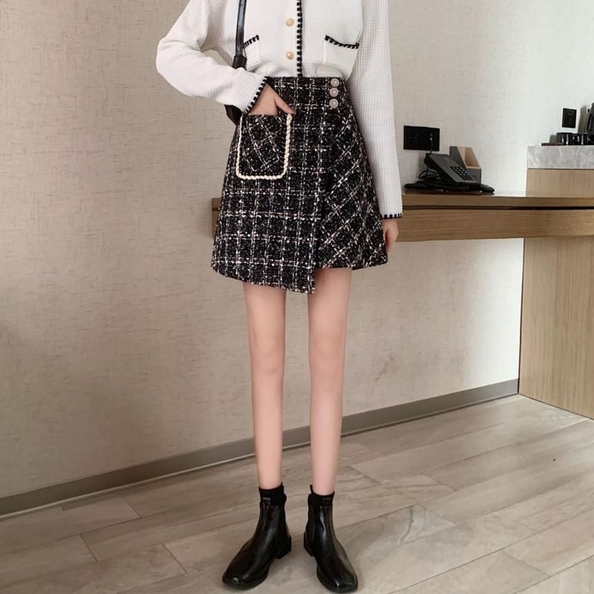 Asymmetric Plaid Mini Skirt with High Rise