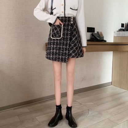 Asymmetric Plaid Mini Skirt with High Rise