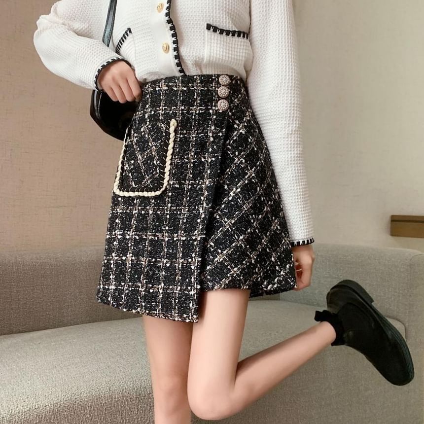 Asymmetric Plaid Mini Skirt with High Rise
