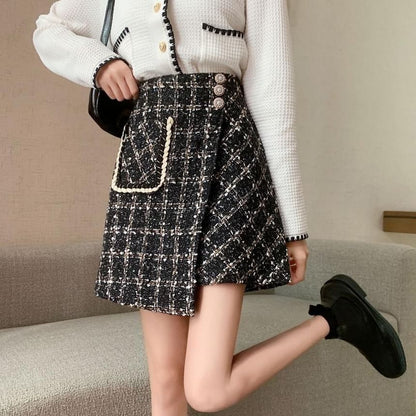 Asymmetric Plaid Mini Skirt with High Rise