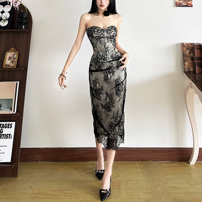 Lace Corset Top & High Rise Midi Fishtail Skirt