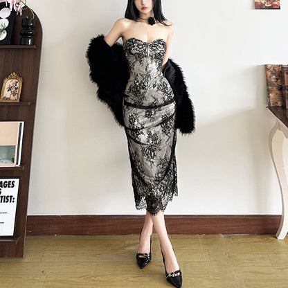 Lace Corset Top & High Rise Midi Fishtail Skirt