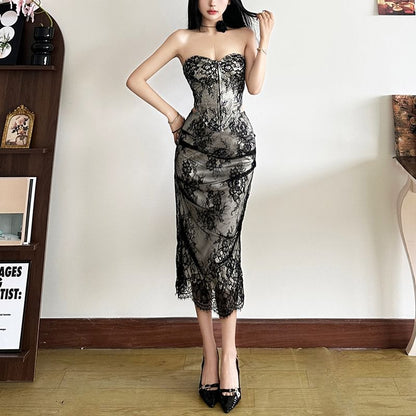 Lace Corset Top & High Rise Midi Fishtail Skirt
