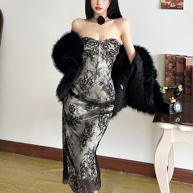 Lace Corset Top & High Rise Midi Fishtail Skirt