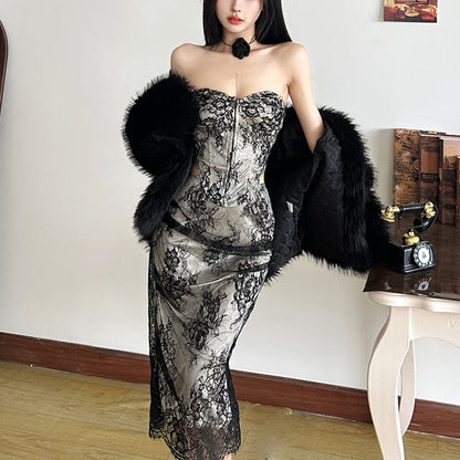 Lace Corset Top & High Rise Midi Fishtail Skirt