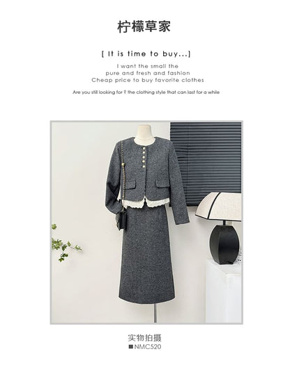 Tweed Blazer & Slit Midi Skirt Ensemble
