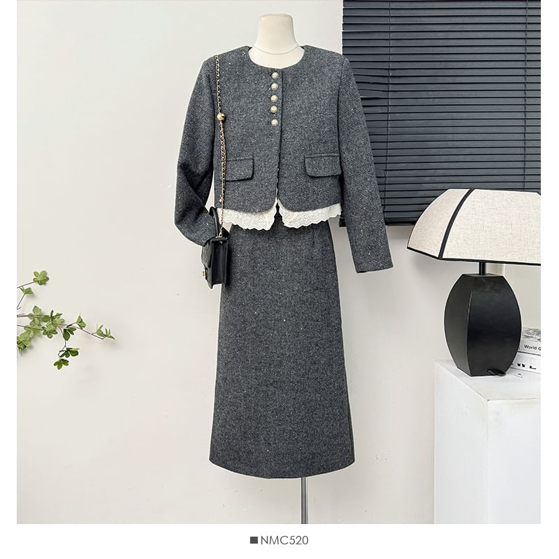 Tweed Blazer & Slit Midi Skirt Ensemble