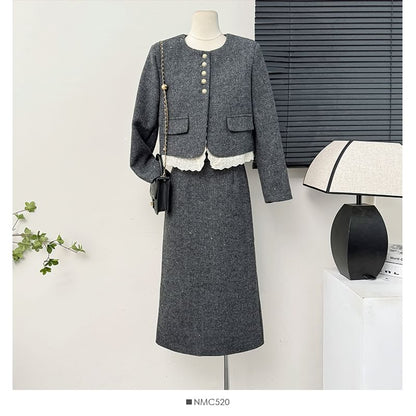 Tweed Blazer & Slit Midi Skirt Ensemble