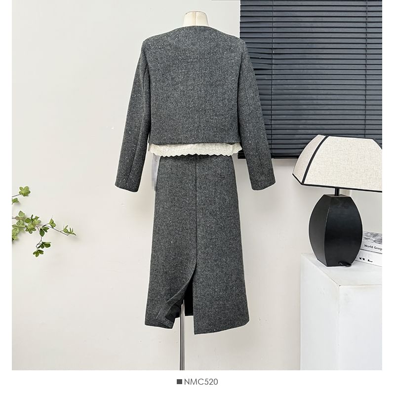 Tweed Blazer & Slit Midi Skirt Ensemble