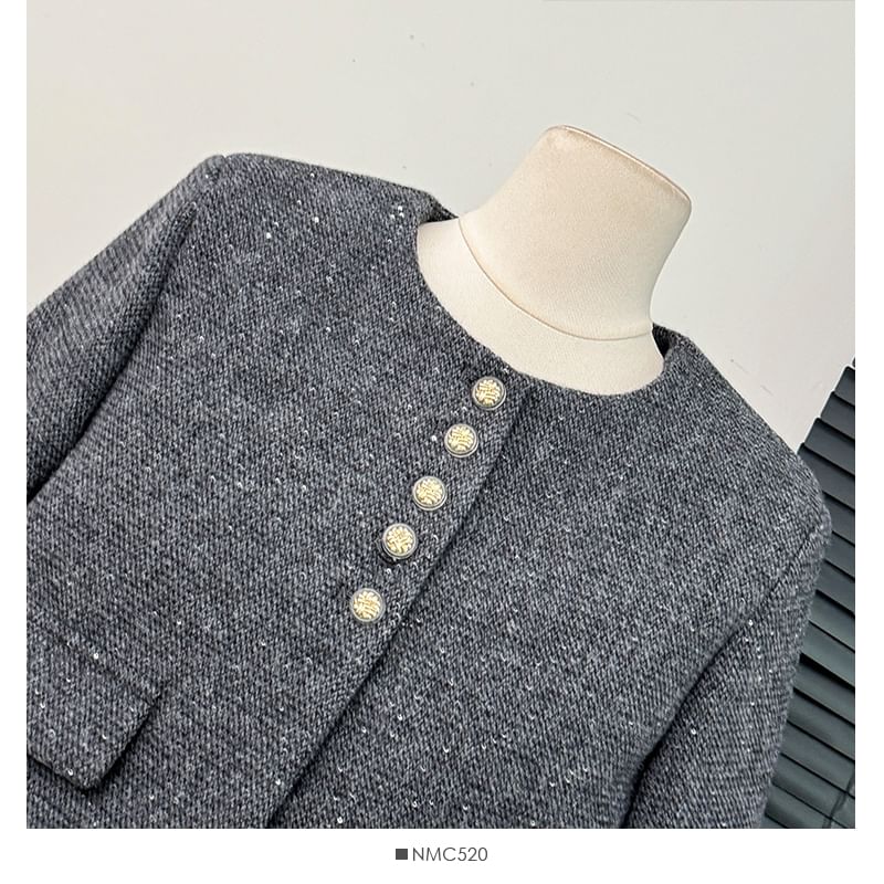 Tweed Blazer & Slit Midi Skirt Ensemble