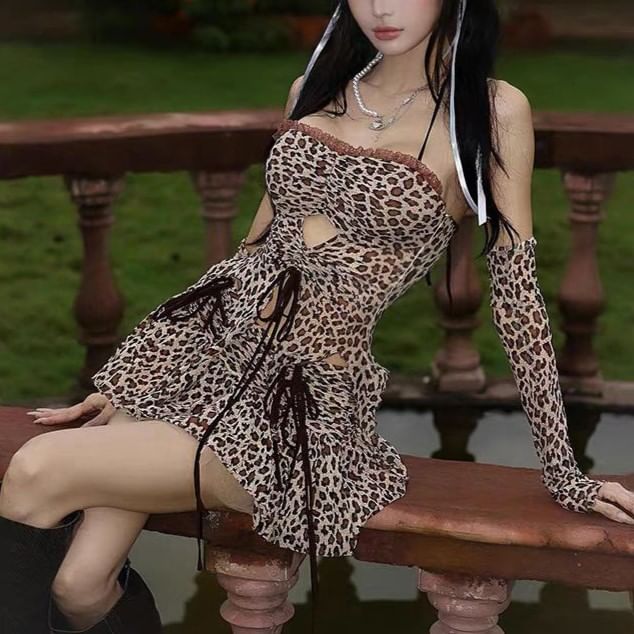 Halter Leopard Camisole with Sleeves & Leopard Mini A-Line Skirt