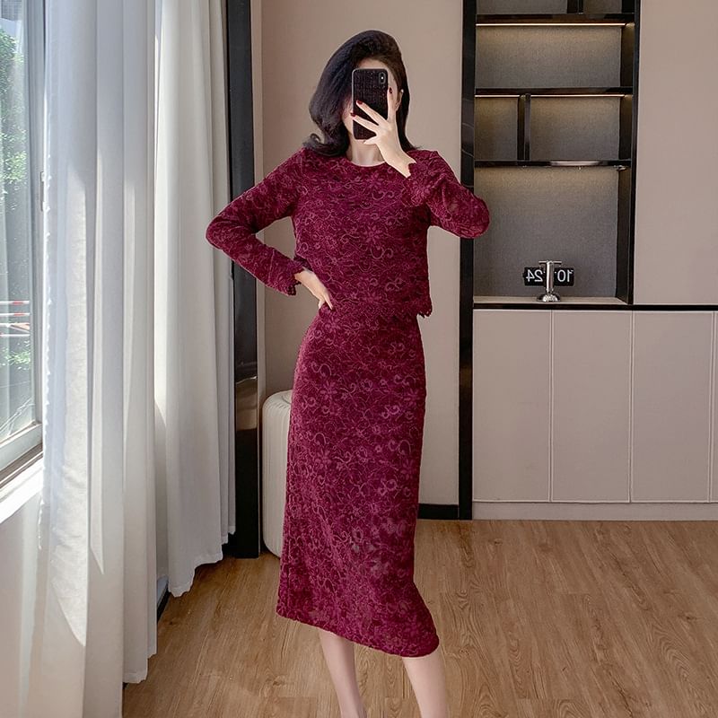 Lace Long-Sleeve Top with Maxi Mermaid Skirt Set
