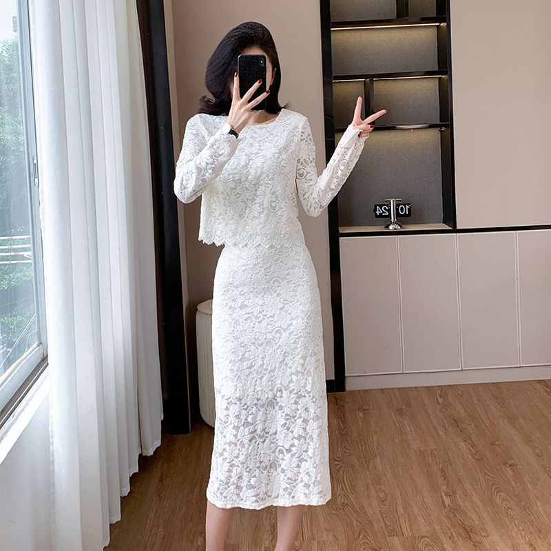 Lace Long-Sleeve Top with Maxi Mermaid Skirt Set