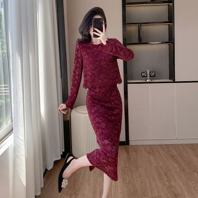 Lace Long-Sleeve Top with Maxi Mermaid Skirt Set
