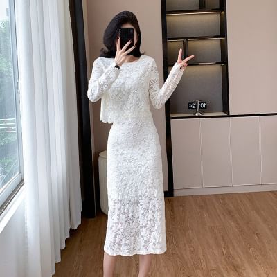 Lace Long-Sleeve Top with Maxi Mermaid Skirt Set