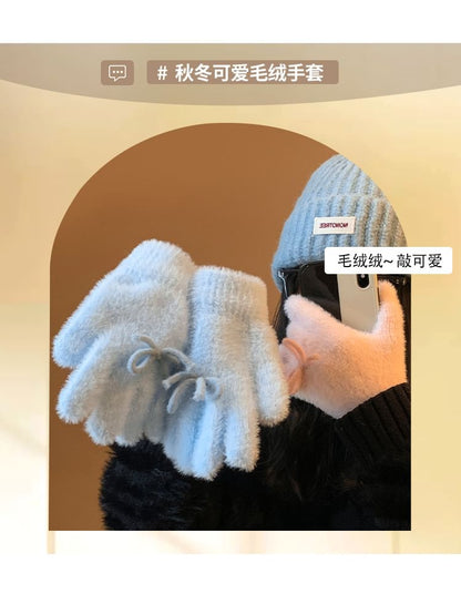 Bow Gloves Fluffy Knit