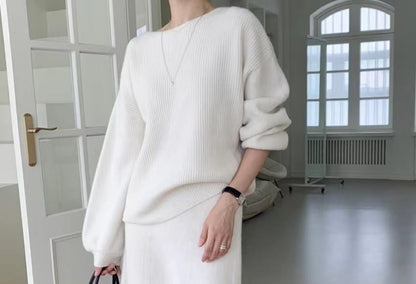 Ribbed Boat Neck Sweater and Knit Midi A-Line Skirt Set