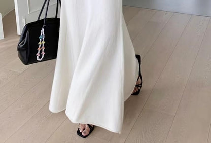 Ribbed Boat Neck Sweater and Knit Midi A-Line Skirt Set