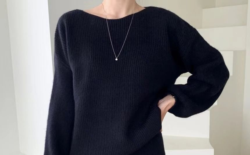 Ribbed Boat Neck Sweater and Knit Midi A-Line Skirt Set