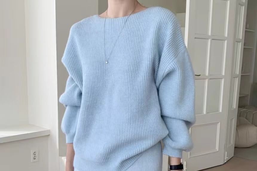 Ribbed Boat Neck Sweater and Knit Midi A-Line Skirt Set