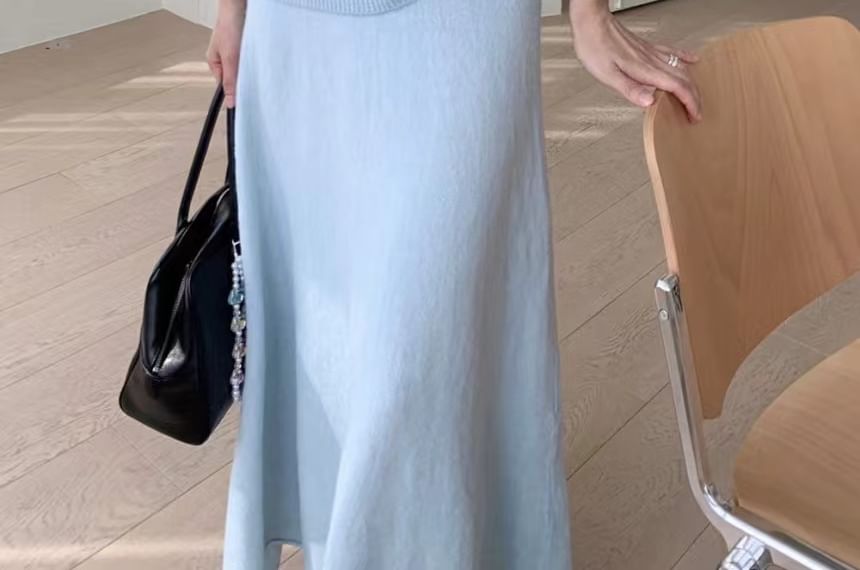Ribbed Boat Neck Sweater and Knit Midi A-Line Skirt Set