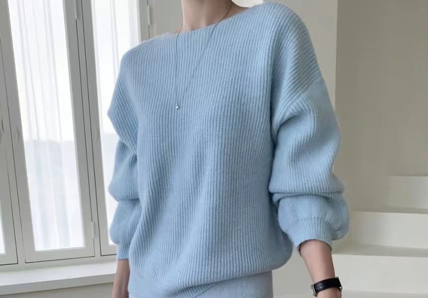 Ribbed Boat Neck Sweater and Knit Midi A-Line Skirt Set