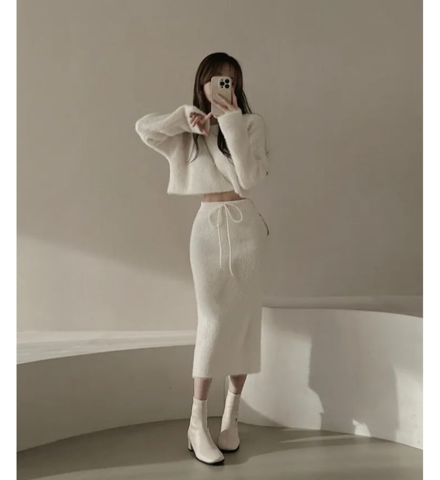 Boat Neck Crop Sweater and Knit Midi Pencil Skirt Set