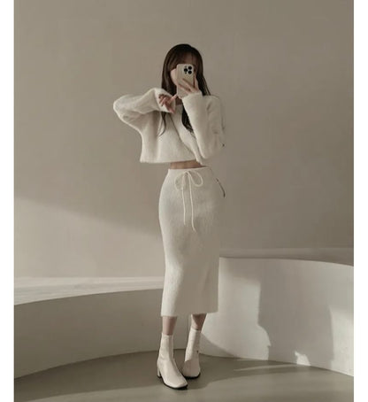 Boat Neck Crop Sweater and Knit Midi Pencil Skirt Set