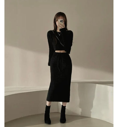 Boat Neck Crop Sweater and Knit Midi Pencil Skirt Set