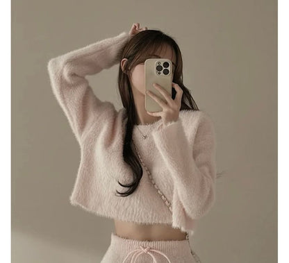 Boat Neck Crop Sweater and Knit Midi Pencil Skirt Set