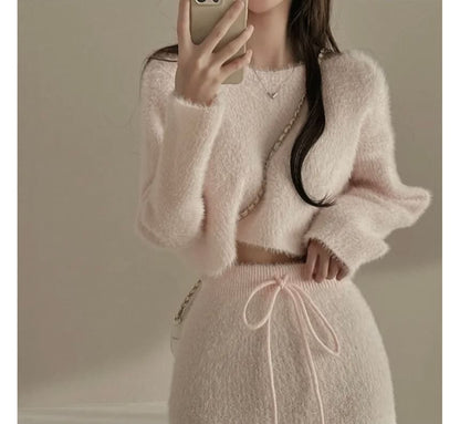 Boat Neck Crop Sweater and Knit Midi Pencil Skirt Set