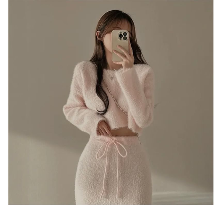 Boat Neck Crop Sweater and Knit Midi Pencil Skirt Set