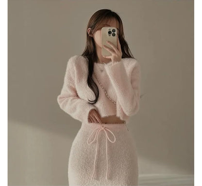 Boat Neck Crop Sweater and Knit Midi Pencil Skirt Set