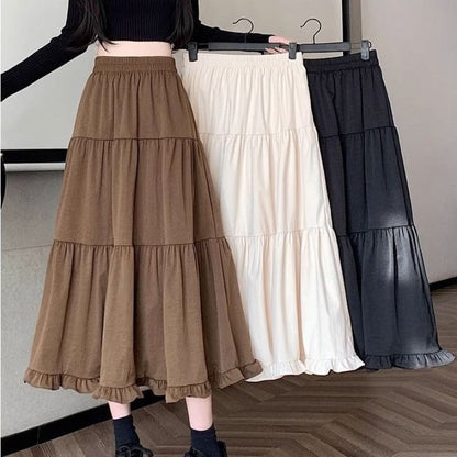 Ruffle Trim Plain Maxi Skirt with High Waist