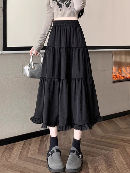 Ruffle Trim Plain Maxi Skirt with High Waist