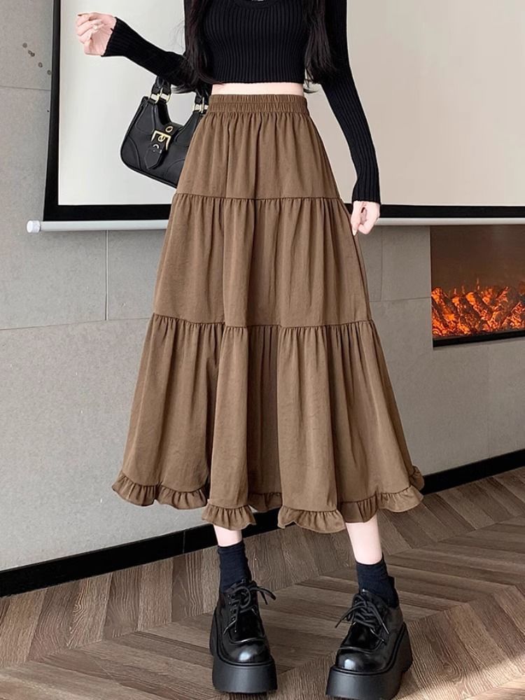 Ruffle Trim Plain Maxi Skirt with High Waist
