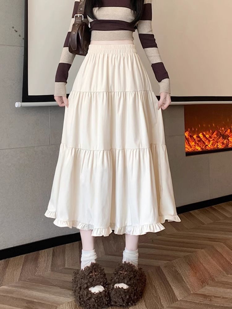Ruffle Trim Plain Maxi Skirt with High Waist