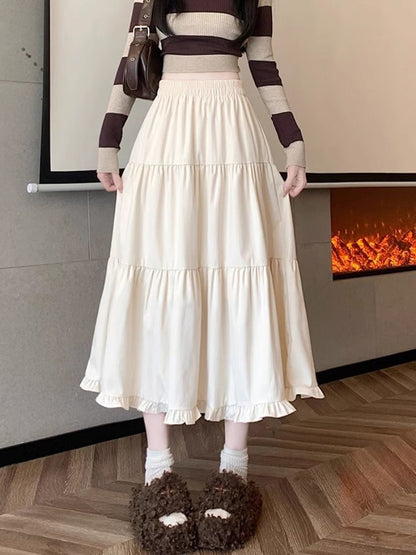 Ruffle Trim Plain Maxi Skirt with High Waist