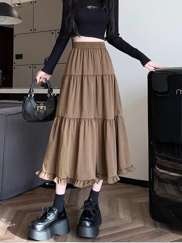 Ruffle Trim Plain Maxi Skirt with High Waist