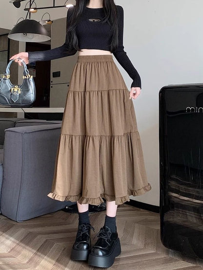 Ruffle Trim Plain Maxi Skirt with High Waist